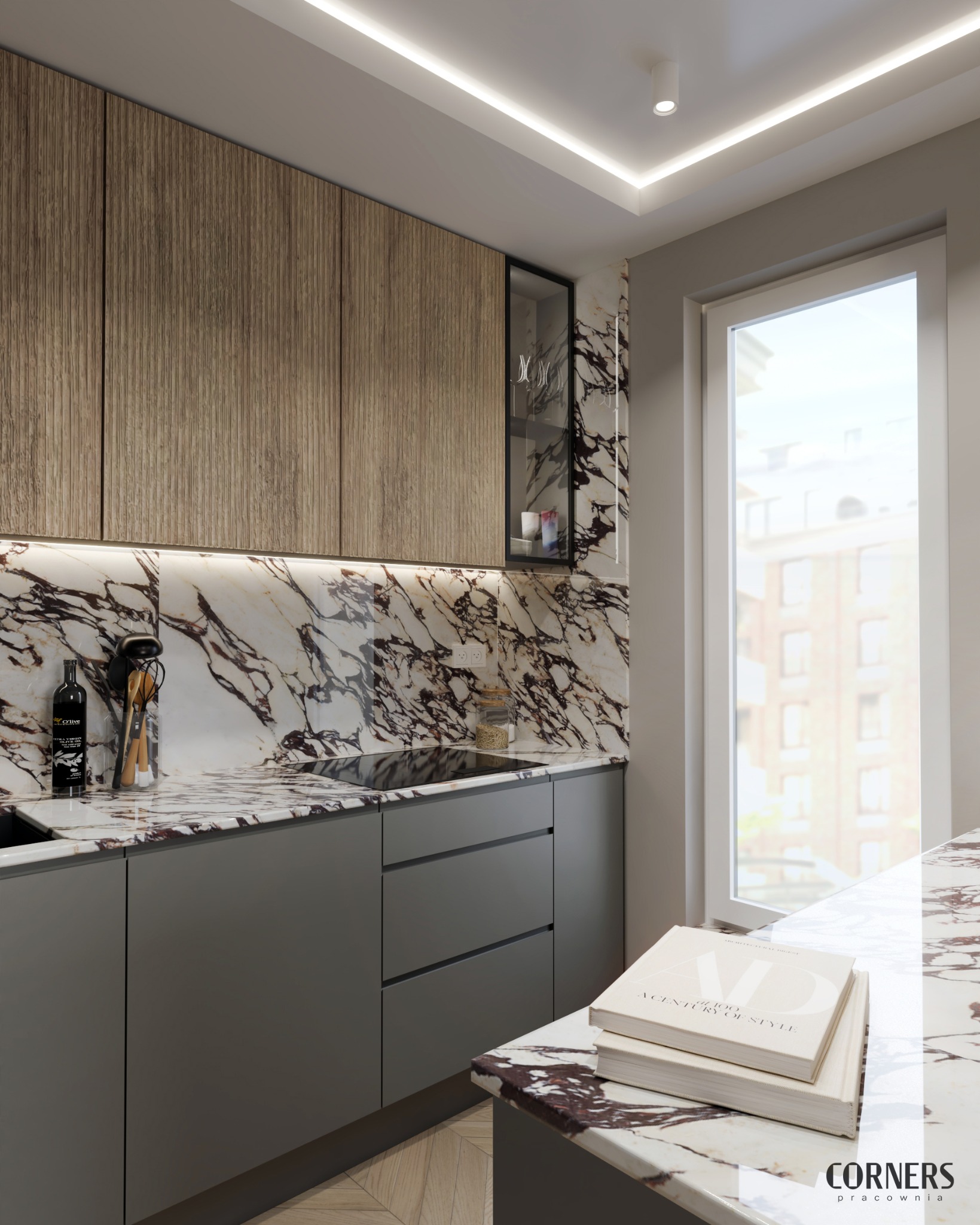 Elegancka kuchnia z drewnianymi szafkami i marmurowym blatem. Na blacie leżą książki. Nad blatem widoczne podświetlenie LED. W tle okno z widokiem na miasto.