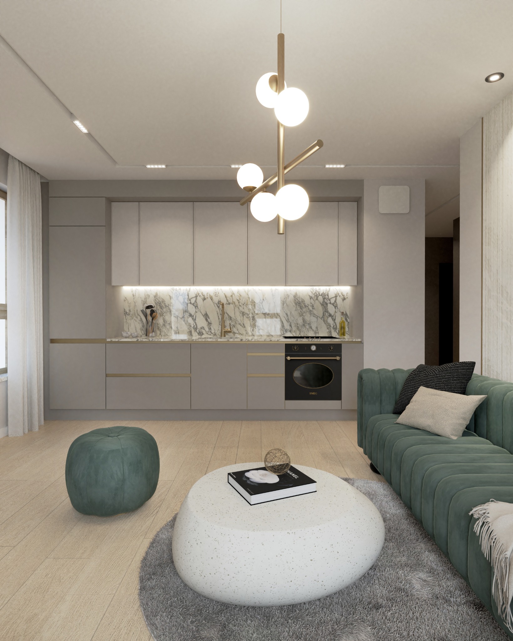 Stylowe wnętrze: szara zabudowa kuchenna z marmurowym blatem, zielona sofa i okrągły stolik na puszystym dywanie. Nowoczesna lampa sufitowa.