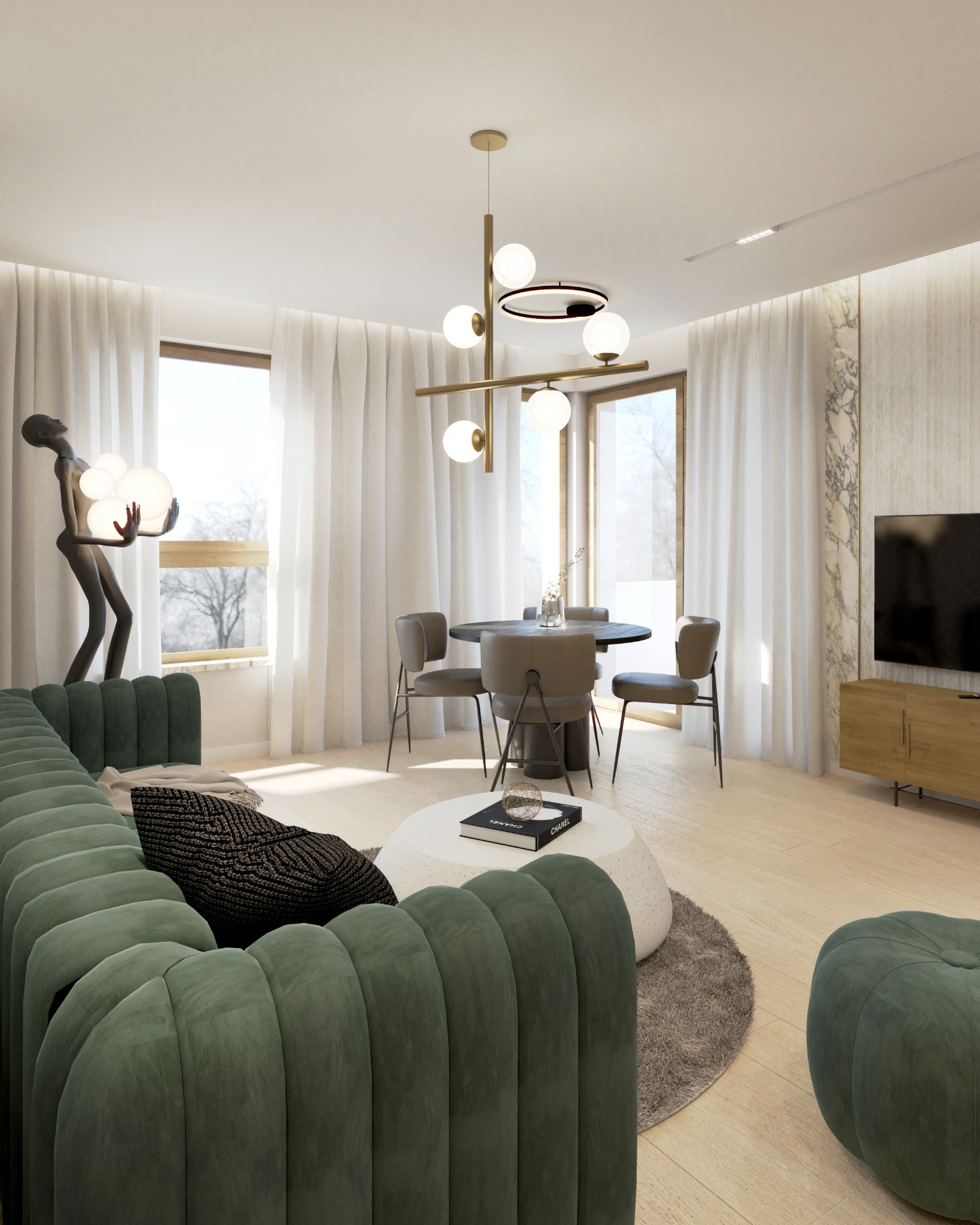 Elegancki salon z zieloną sofą, okrągłym stołem i designerską lampą. Rzeźba z kulami światła przy oknie. Minimalistyczny wystrój, jasne kolory, nowoczesny styl.