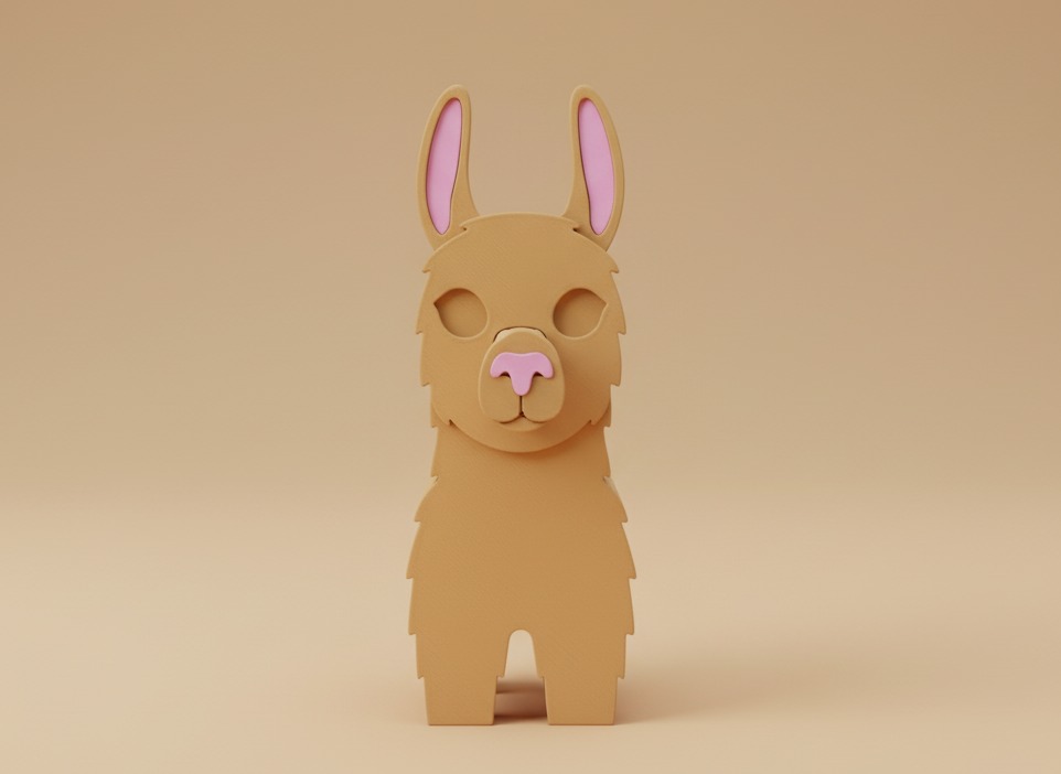 Beżowy uchwyt na okulary w kształcie lamy z różowymi detalami uszu i nosa, na jednolitym, beżowym tle. Model 3D z widocznymi warstwami.