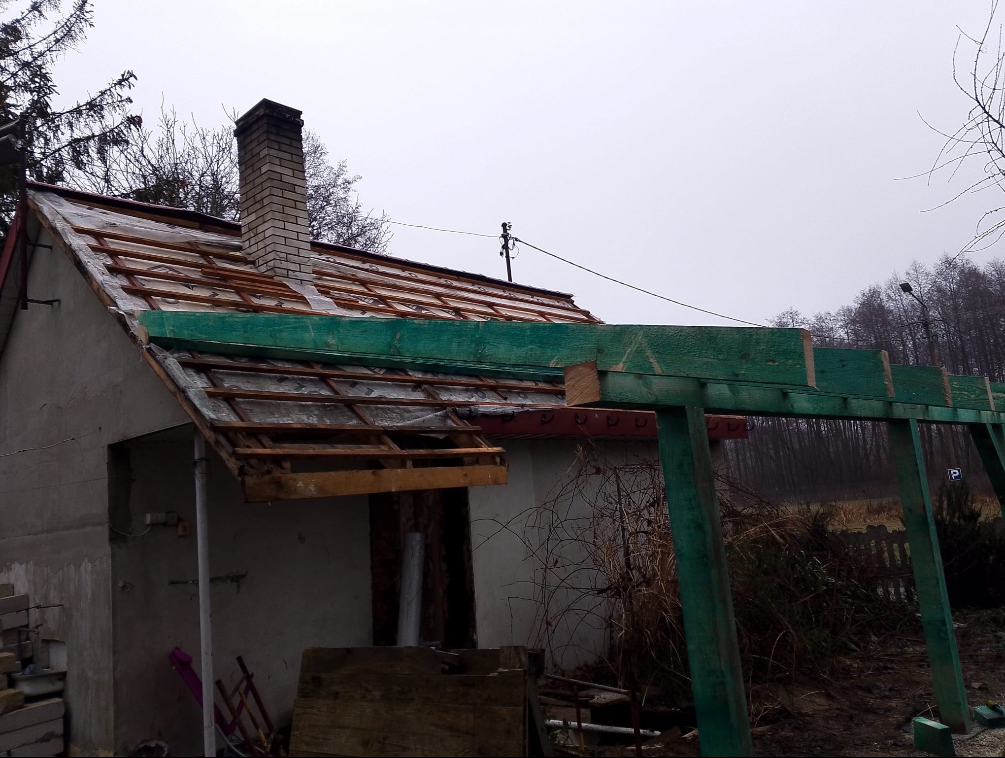 Dom z odsłoniętą konstrukcją dachu i kominem z cegły, widok z zewnątrz, w tle drzewa i pochmurne niebo. Częściowo widoczna zielona konstrukcja.