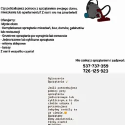 Ogłoszenie usług sprzątających: kosz z detergentami, mop, odkurzacz. Oferta sprzątania domów, mieszkań, biur, mycia okien i witryn. Kontakt telefoniczny.