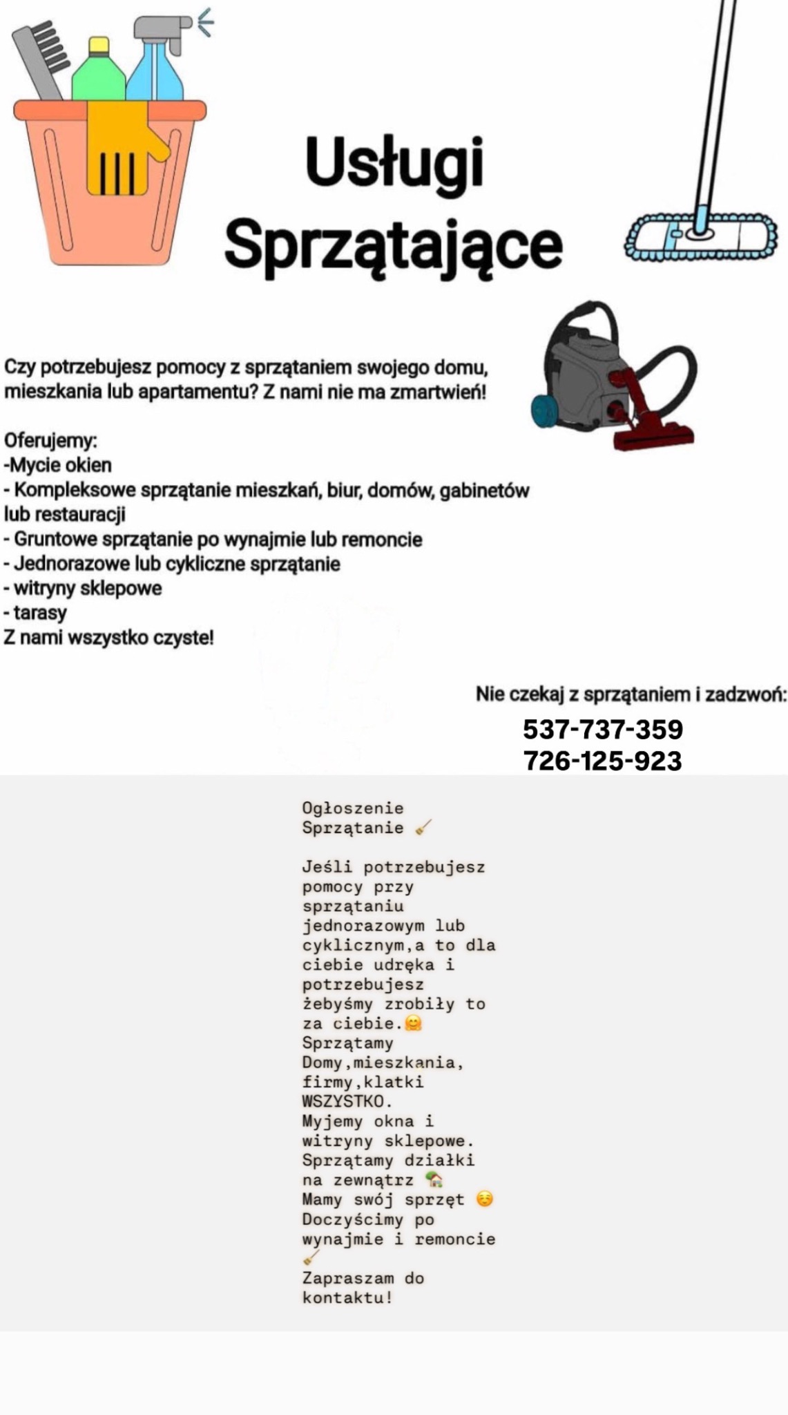 Ogłoszenie usług sprzątających: kosz z detergentami, mop, odkurzacz. Oferta sprzątania domów, mieszkań, biur, mycia okien i witryn. Kontakt telefoniczny.
