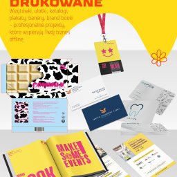 Projekty graficzne - Martyna Dobrzańska - Materiały drukowane: wizytówki, ulotki, katalogi, brand book. Zestaw materiałów promocyjnych, w tym wizytówki z logo, ulotki z ofertą i opakowanie produktu.