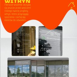 Projekty graficzne - Martyna Dobrzańska - Projekt witryny: oklejone witryny Kirei Clinic i AG Nieruchomości z grafikami, logotypami i informacjami o godzinach otwarcia. Nowoczesny design i czytelna komunikacja.