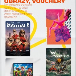 Projekty graficzne - Martyna Dobrzańska - Kolekcja plakatów i obrazów: 'Rodzina R', abstrakcyjna grafika z elementami ciała, plakat sportowy 'WTS Sparta', i animowany 'Air-Team' na podłodze.