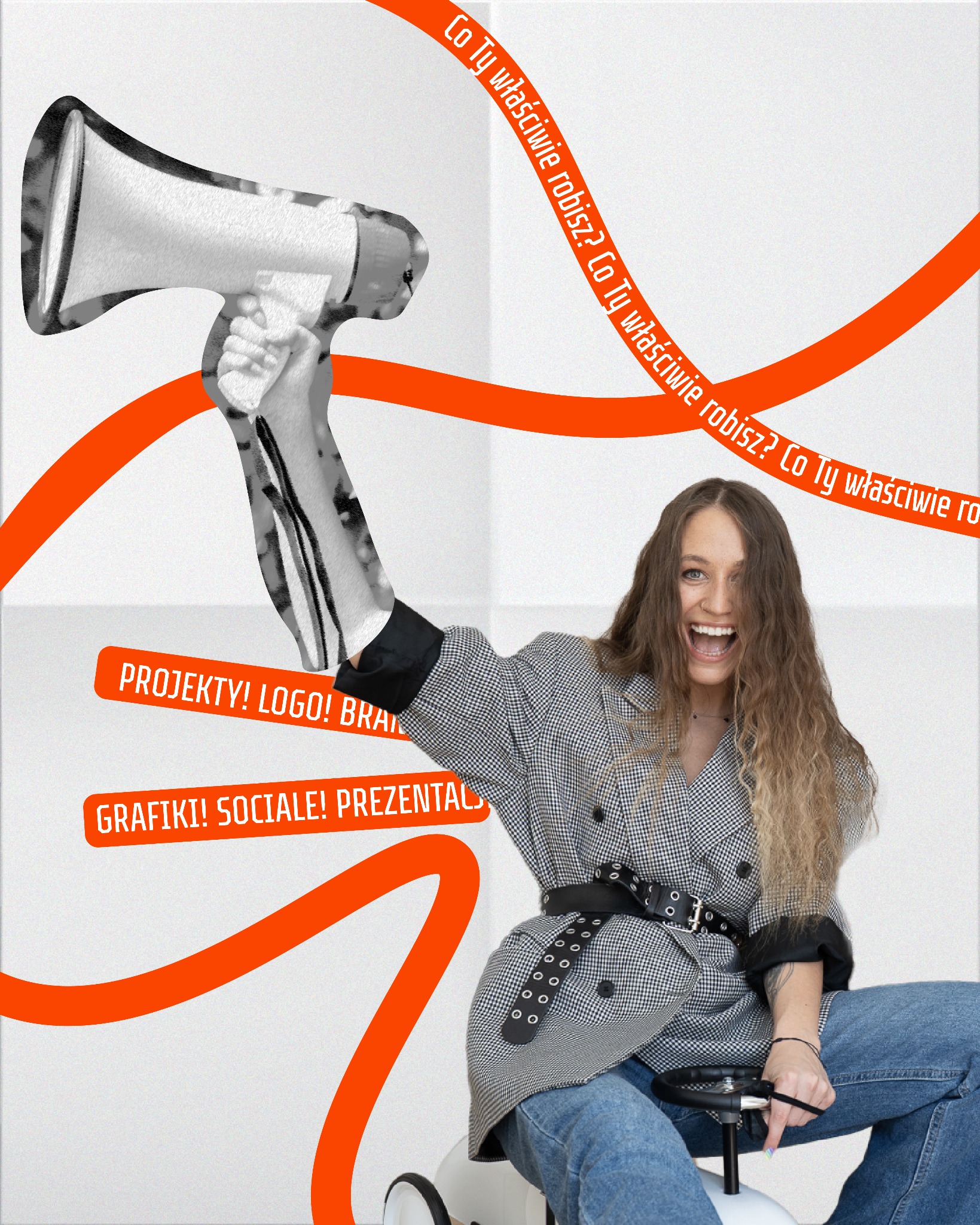 Kreatywna grafika z kobietą na zabawkach, hasłami 'Projekty! Logo!' i 'Grafiki! Sociale! Prezentacje!' oraz megafonem. Dynamiczna kompozycja.