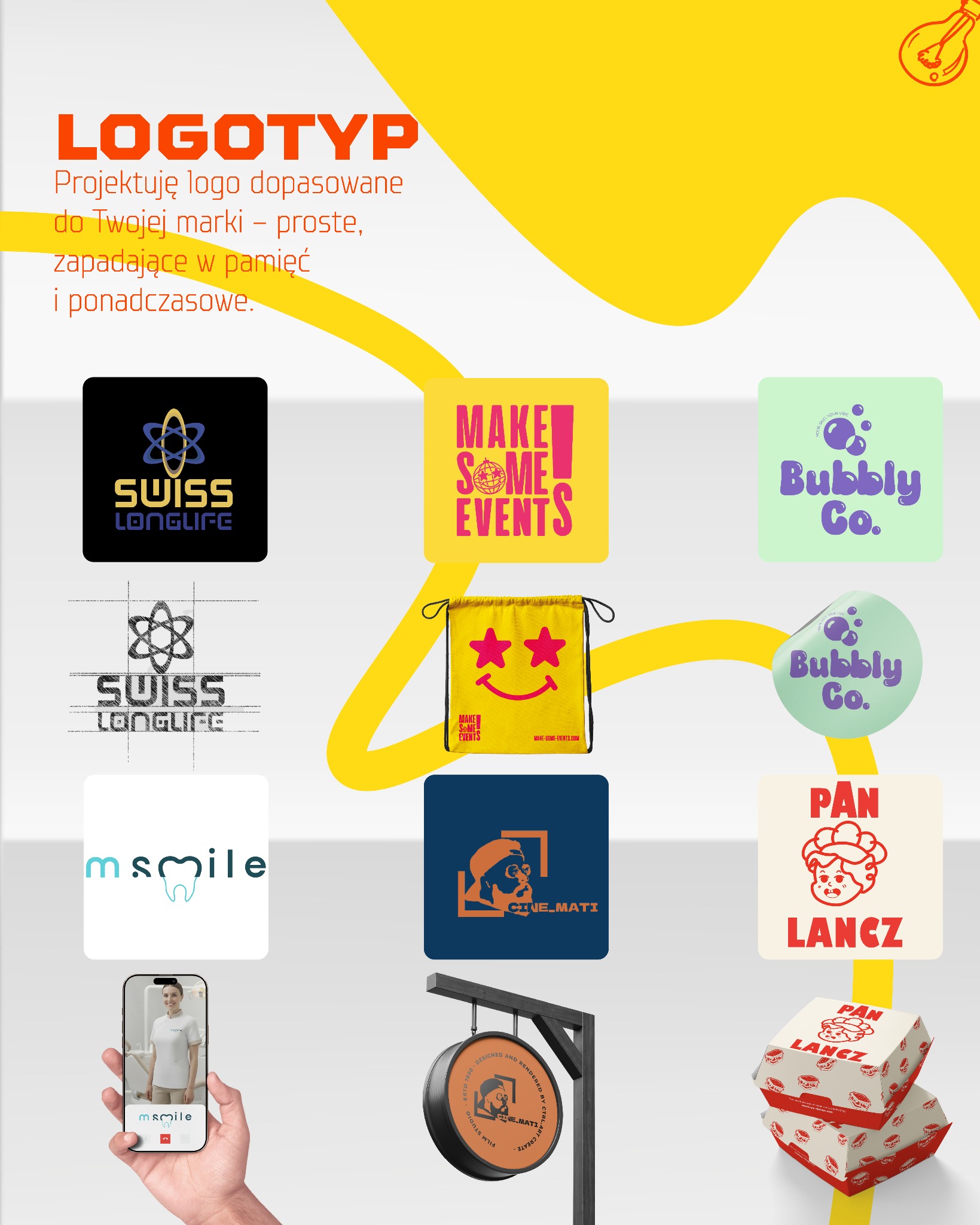 Przykłady projektów logo dla różnych branż w Radomiu: od korporacyjnych po zabawne, prezentowane w zestawieniu grafik. Różne style i koncepcje.