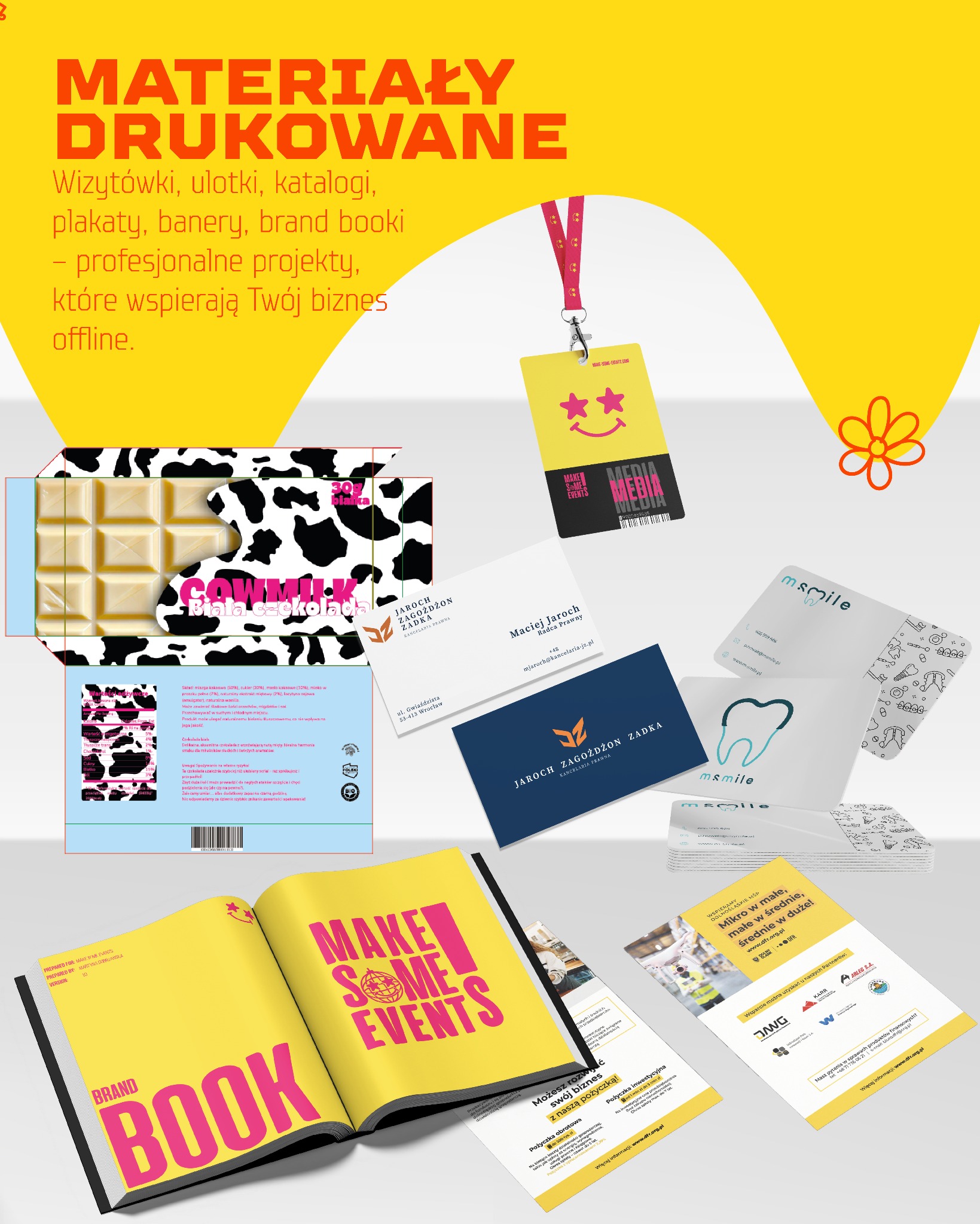 Materiały drukowane: wizytówki, ulotki, katalogi, brand book. Zestaw materiałów promocyjnych, w tym wizytówki z logo, ulotki z ofertą i opakowanie produktu.