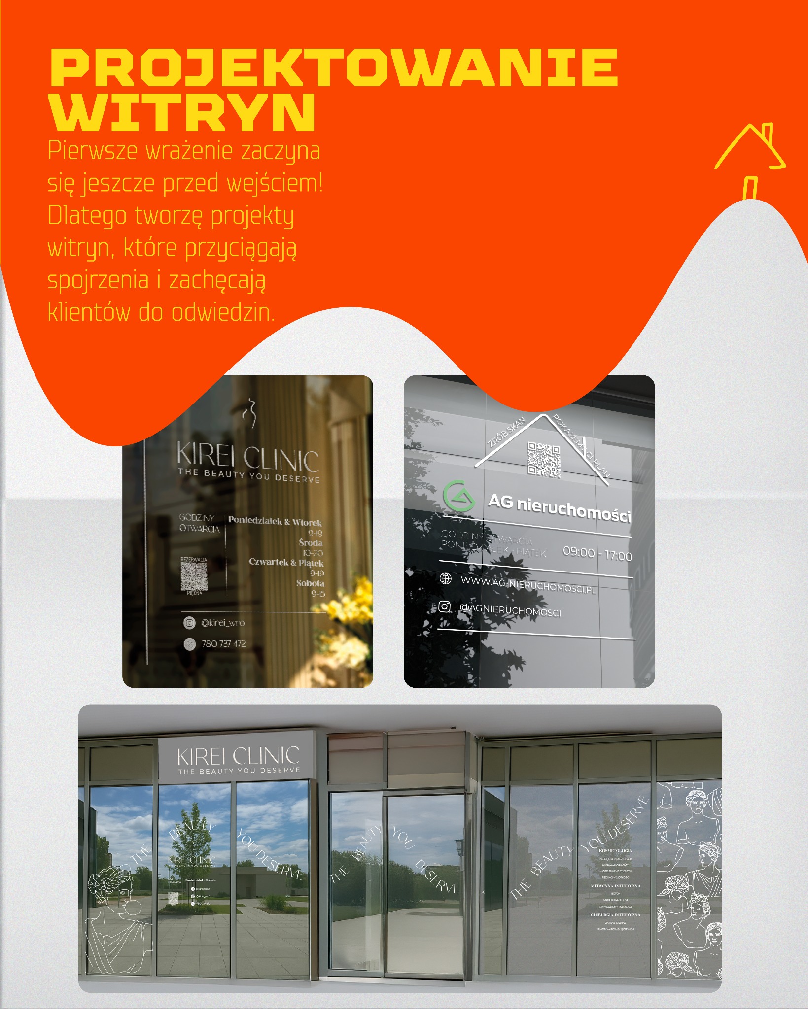 Projekt witryny: oklejone witryny Kirei Clinic i AG Nieruchomości z grafikami, logotypami i informacjami o godzinach otwarcia. Nowoczesny design i czytelna komunikacja.