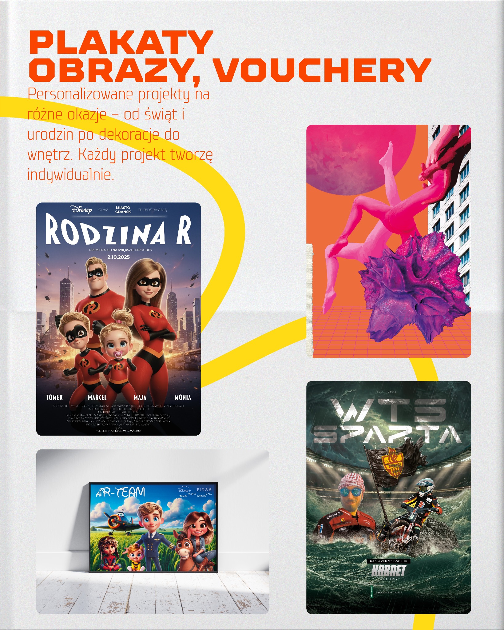 Kolekcja plakatów i obrazów: 'Rodzina R', abstrakcyjna grafika z elementami ciała, plakat sportowy 'WTS Sparta', i animowany 'Air-Team' na podłodze.