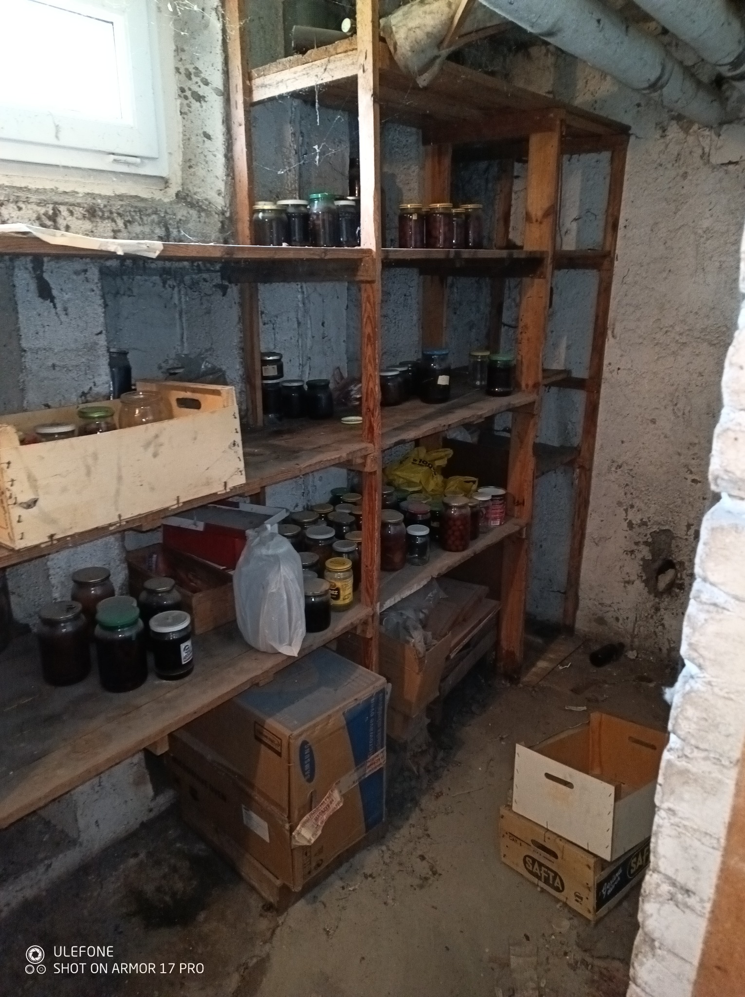 Półki w piwnicy wypełnione słoikami z przetworami, kartonami i skrzynkami. Widoczne ściany z surowego betonu i rury pod sufitem. Nierówna podłoga, piwniczne oświetlenie.