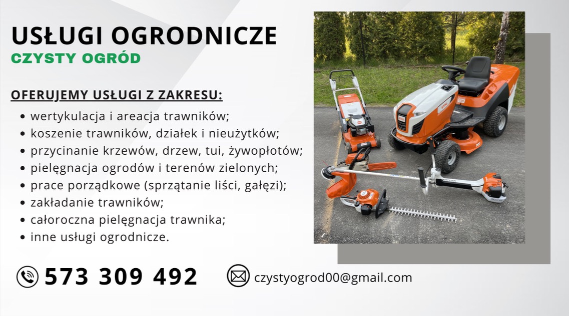 Zestaw pomarańczowych narzędzi ogrodniczych Stihl: kosiarka traktorowa, podkaszarka, nożyce do żywopłotu i kosiarka rotacyjna na tle zieleni. Prezentacja sprzętu.