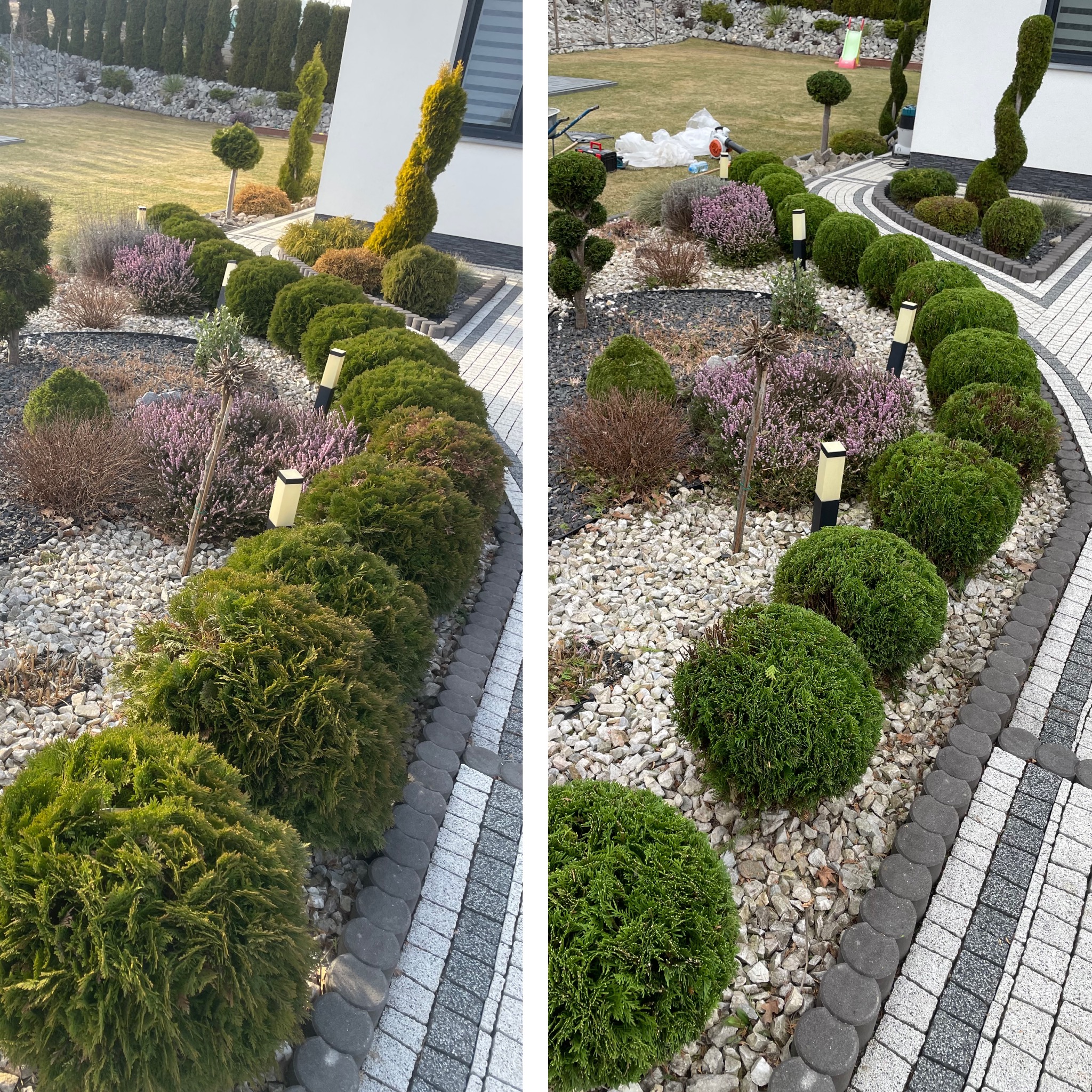 Ogród po pielęgnacji: równo przycięte, kuliste krzewy wzdłuż ścieżki z kostki, ozdobne kamienie i lampy ogrodowe. Zadbany trawnik i formowane drzewa w tle.