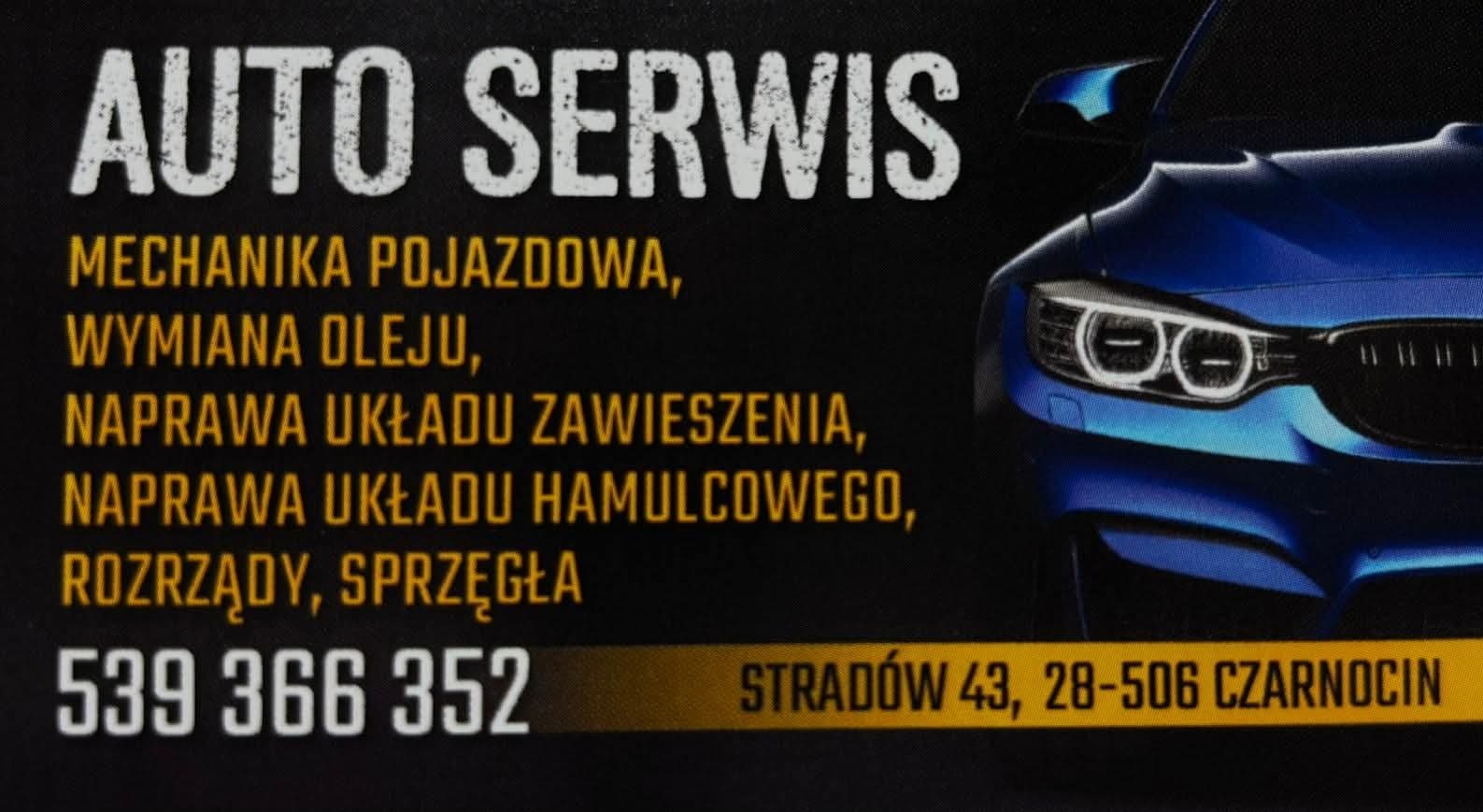 Wizytówka auto serwisu z ofertą naprawy zawieszenia, hamulców, wymiany oleju i mechaniki pojazdowej. Na czarnym tle fragment niebieskiego samochodu.