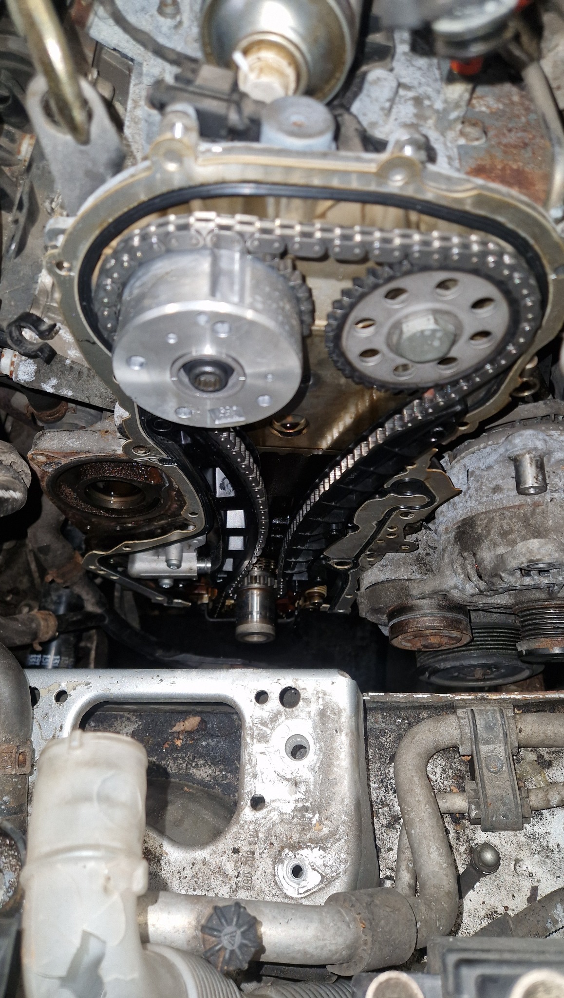 Otwarty silnik samochodowy z widocznym łańcuchem rozrządu, kołami zębatymi i innymi elementami wewnętrznymi. Widoczne ślady oleju i zabrudzenia eksploatacyjne.