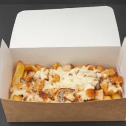 Frytki z kurczakiem i sosem serowym w otwartym kartonowym pudełku na ciemnym tle. Widok z góry.