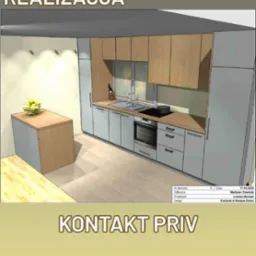 Projekt kuchni: wizualizacja 3D z szarymi szafkami, drewnianymi blatami i wyspą. Widoczne etapy: projekt, akceptacja, produkcja, realizacja, wycena. Kontakt PRIV.