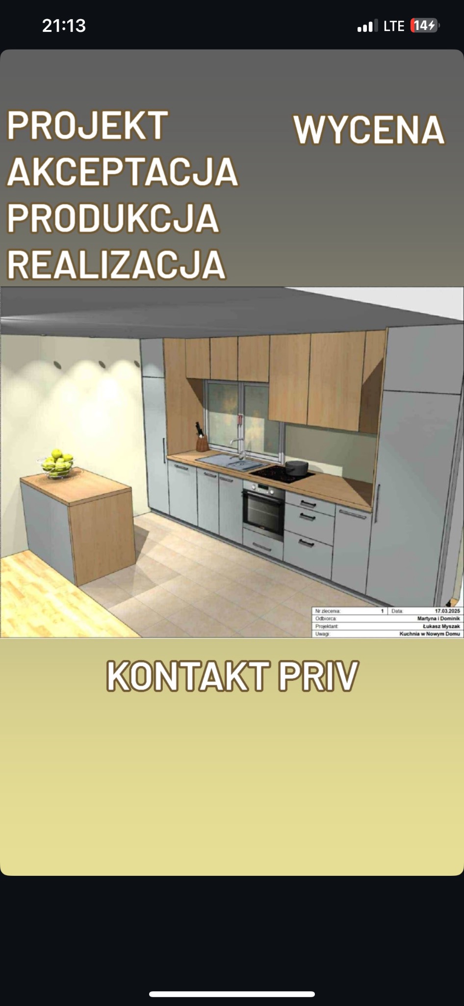 Projekt kuchni: wizualizacja 3D z szarymi szafkami, drewnianymi blatami i wyspą. Widoczne etapy: projekt, akceptacja, produkcja, realizacja, wycena. Kontakt PRIV.
