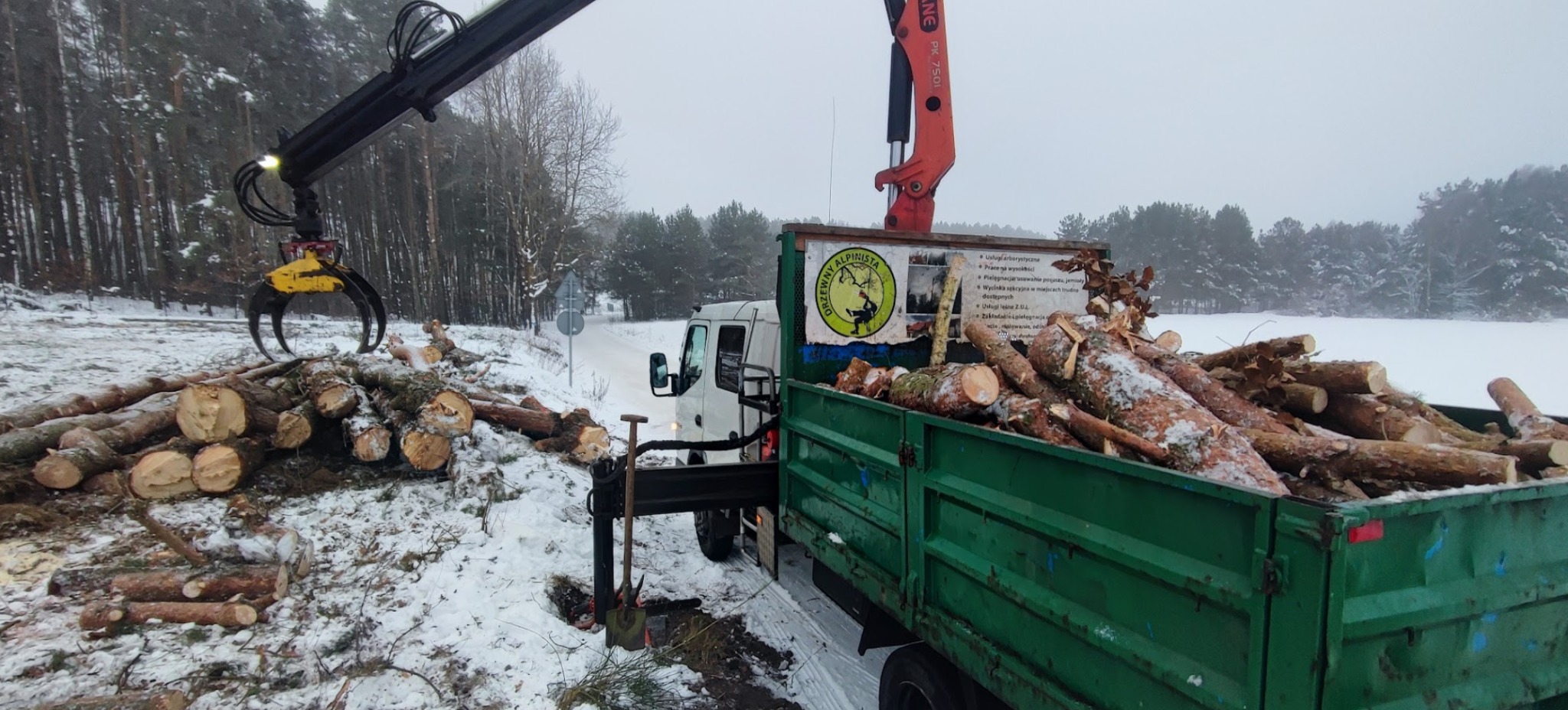Ciężarówka z dźwigiem załadowana pociętymi pniami drzew na tle zimowego krajobrazu. Na pace widoczny szyld z ofertą usług arborystycznych.