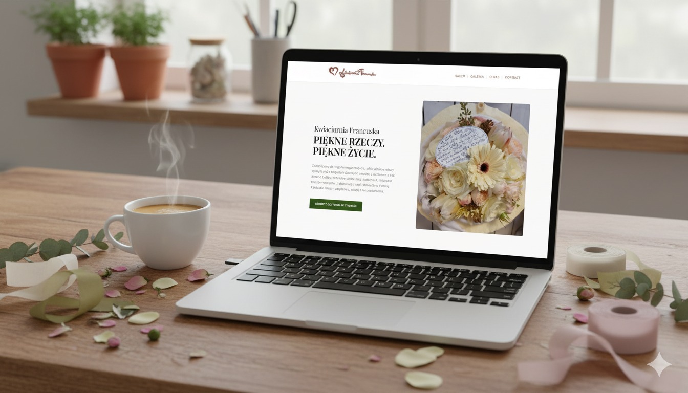 Laptop wyświetla stronę kwiaciarni 'Kwiaciarnia Francuska' z bukietem. Obok filiżanka kawy i dekoracje florystyczne na drewnianym blacie. Ciepłe oświetlenie.