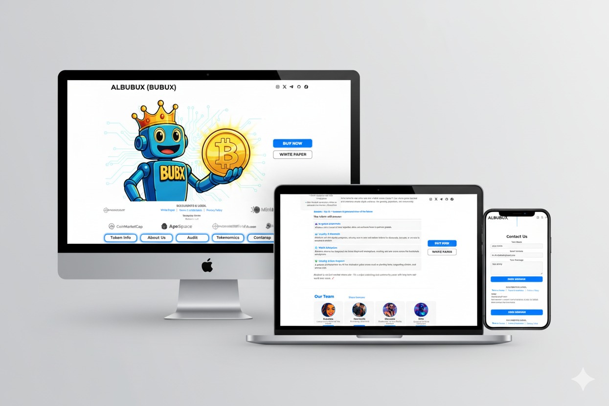 Responsywny landing page DeFi/AI 'Albubux' na ekranie komputera, laptopa i smartfona. Neonowy design, formularz kontaktowy, dbałość o UX. Prezentacja projektu.