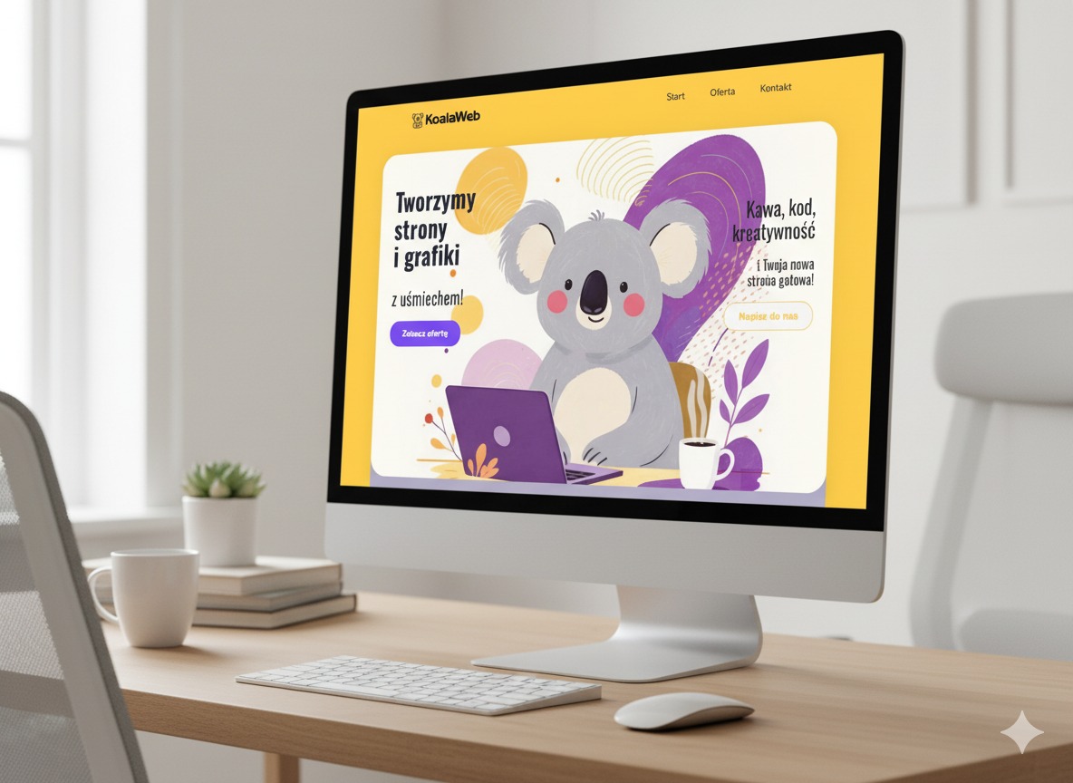 Monitor iMac prezentuje stronę internetową z ilustracją koali, promującą tworzenie stron i grafiki. Na biurku obok klawiatura, myszka, roślina i filiżanka.