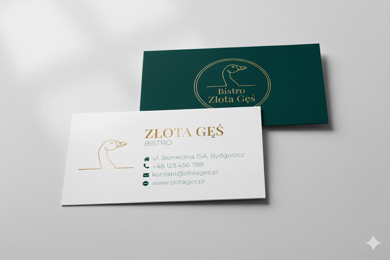 Eleganckie wizytówki bistro 'Złota Gęś' w odcieniach zieleni i złota. Minimalistyczny design z motywem gęsi. Widoczne dane kontaktowe i logo firmy.