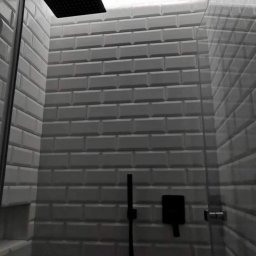 Bartosz Górski - Nowoczesna kabina prysznicowa z czarną armaturą i białymi, wypukłymi płytkami w stylu cegiełek. Szklana ściana kabiny i oświetlenie LED pod sufitem.