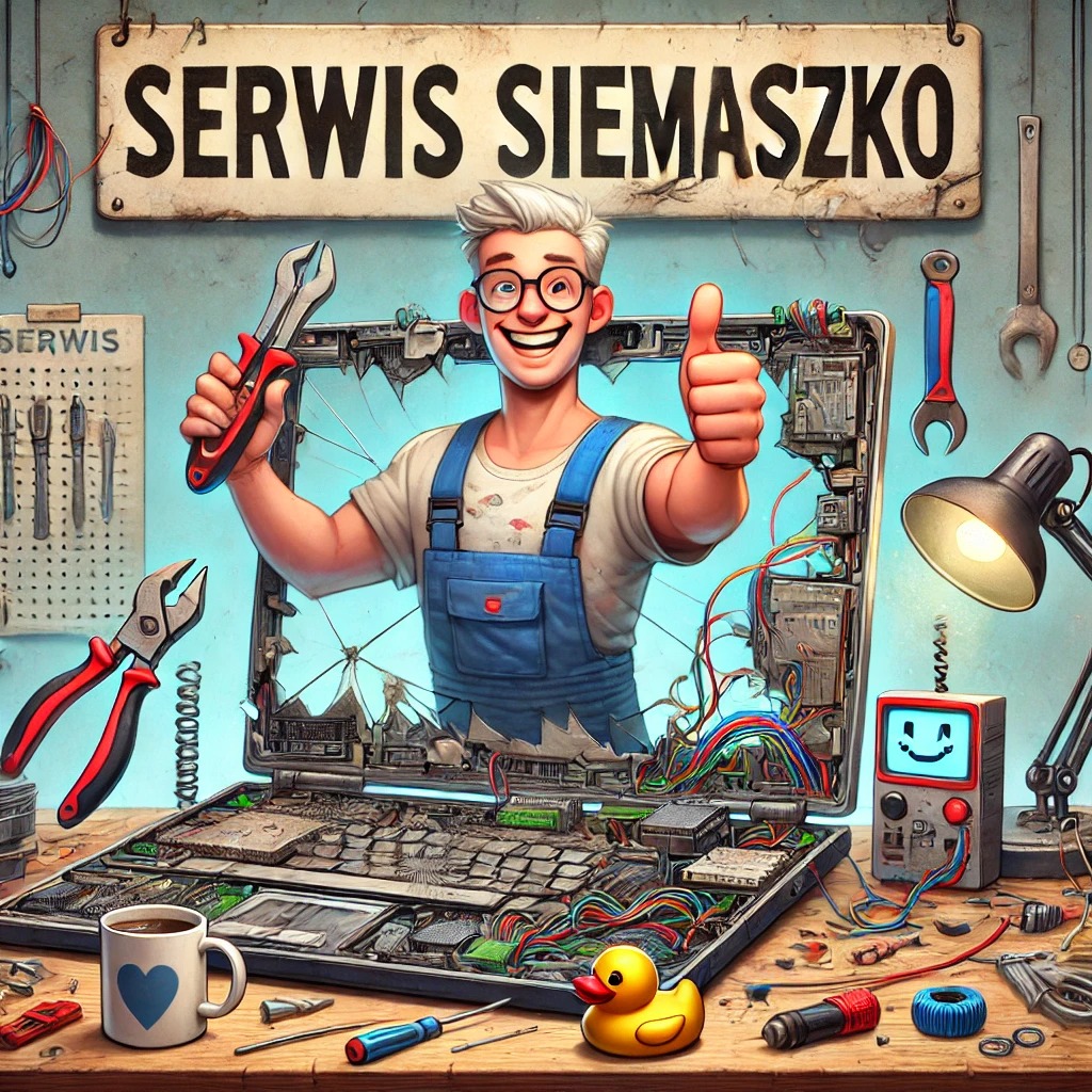 Karykaturalny mechanik w okularach, z uśmiechem i gestem OK, na tle otwartego laptopa z widocznymi wnętrznościami, narzędziami i napisem 'Serwis Siemaszko'.