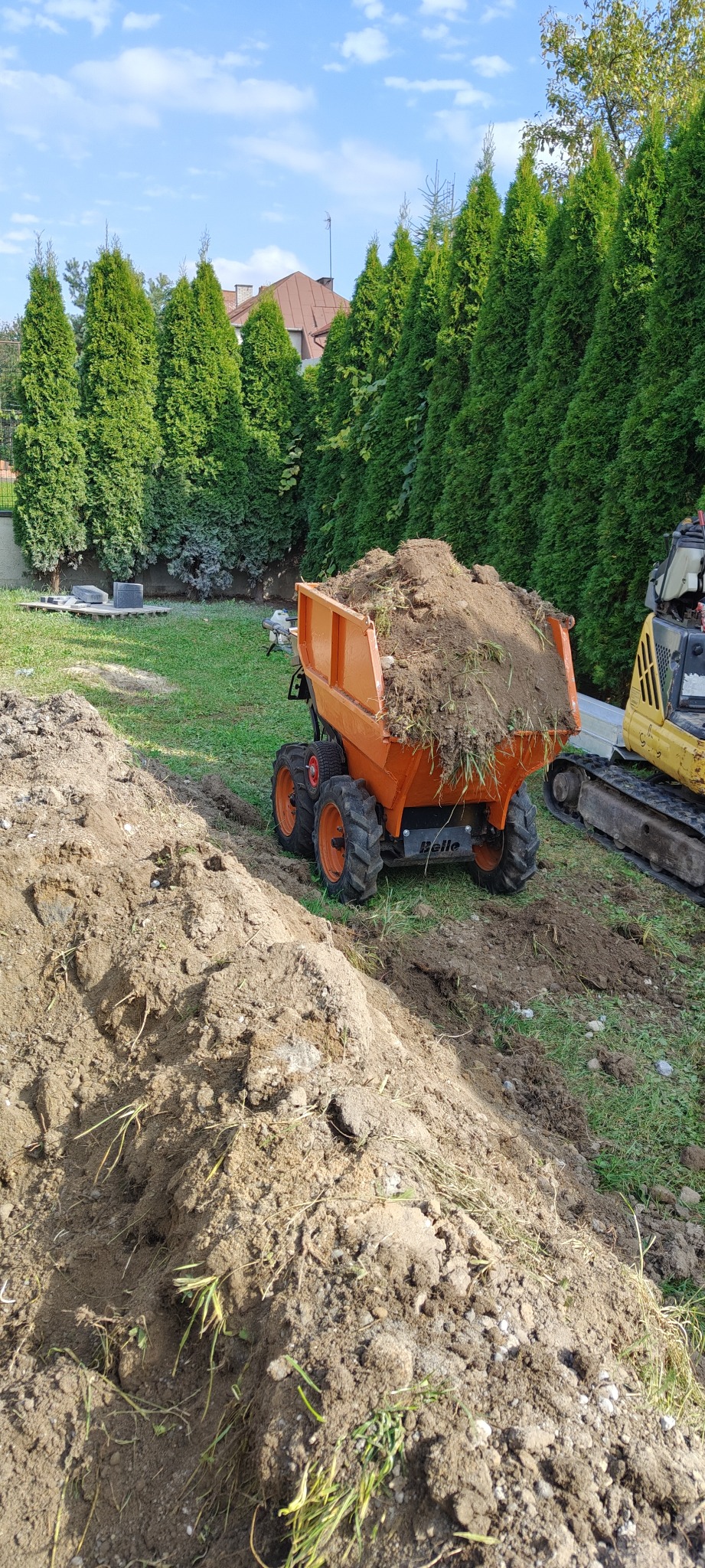 Pomarańczowa wywrotka z ziemią na trawniku, obok minikoparka. W tle rząd zielonych drzew i fragment budynku. Prace ziemne w ogrodzie.