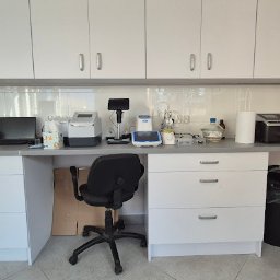 I-PETROL SPÓŁKA Z OGRANICZONĄ ODPOWIEDZIALNOŚCIĄ - Laboratorium z białymi szafkami, sprzętem analitycznym i biurowym krzesłem. Widoczny blat z różnymi urządzeniami i akcesoriami laboratoryjnymi.