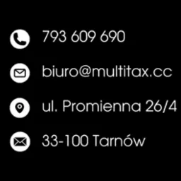 Dane kontaktowe biura: numer telefonu, adres e-mail biuro@multitax.cc, adres ul. Promienna 26/4, 33-100 Tarnów, białe ikony na czarnym tle.