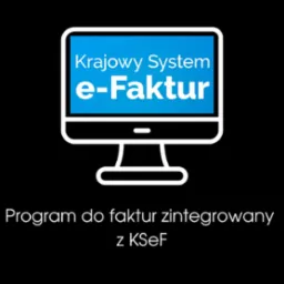 Grafika wektorowa: stylizowany monitor z napisem 'Krajowy System e-Faktur' i hasłem 'Program do faktur zintegrowany z KSeF' na czarnym tle.