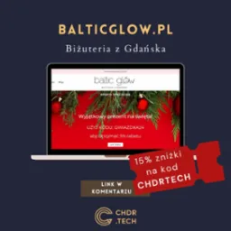 Ekran laptopa prezentujący stronę BalticGlow.pl z ofertą świąteczną biżuterii z Gdańska, obok kupon rabatowy z kodem CHDRTECH i logo firmy CHDR.TECH.