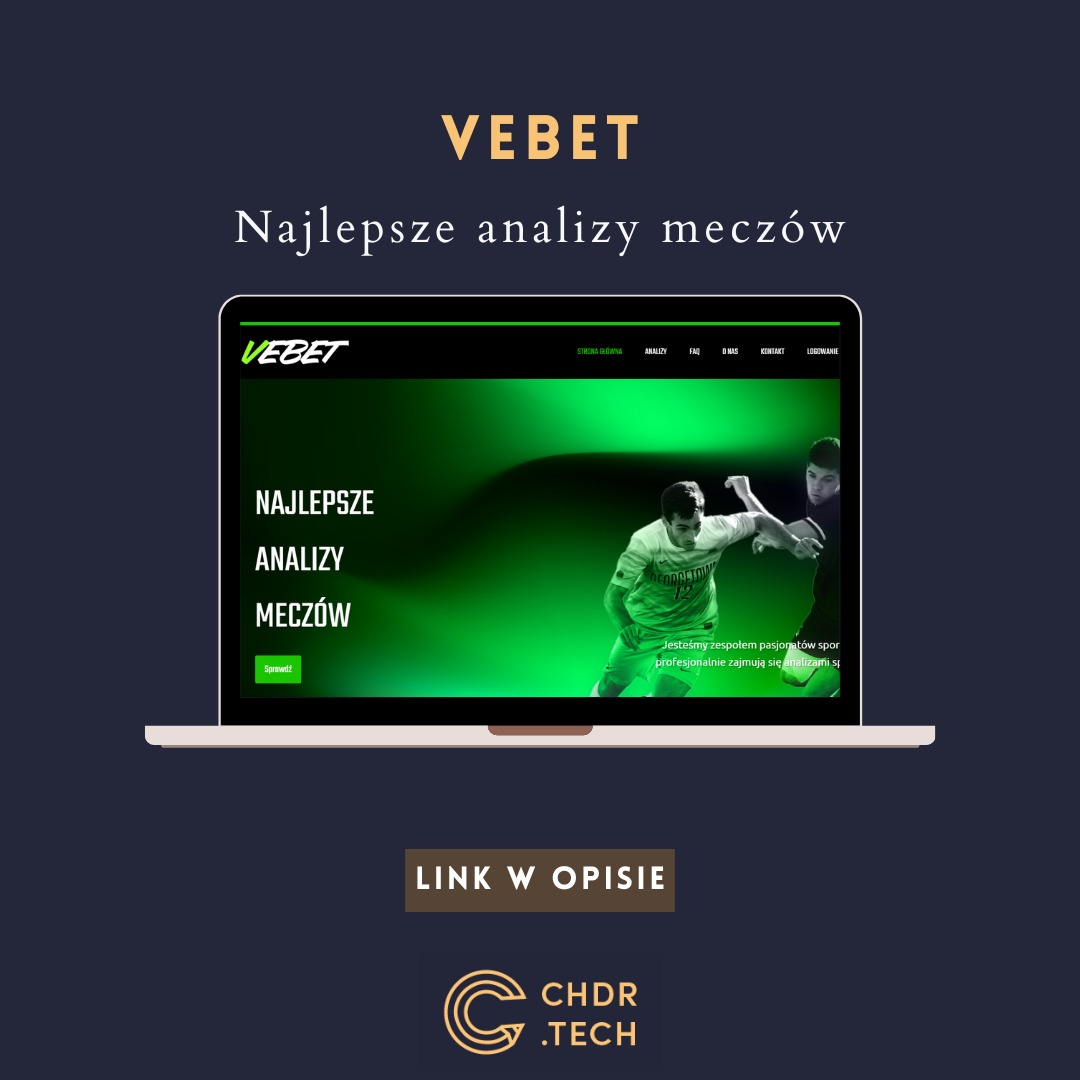 Laptop z zieloną stroną internetową VeBet, oferującą analizy meczów. Strona zawiera menu, tekst 'Najlepsze analizy meczów' i zdjęcie koszykarzy. Logo CHDR.TECH w dolnej części.