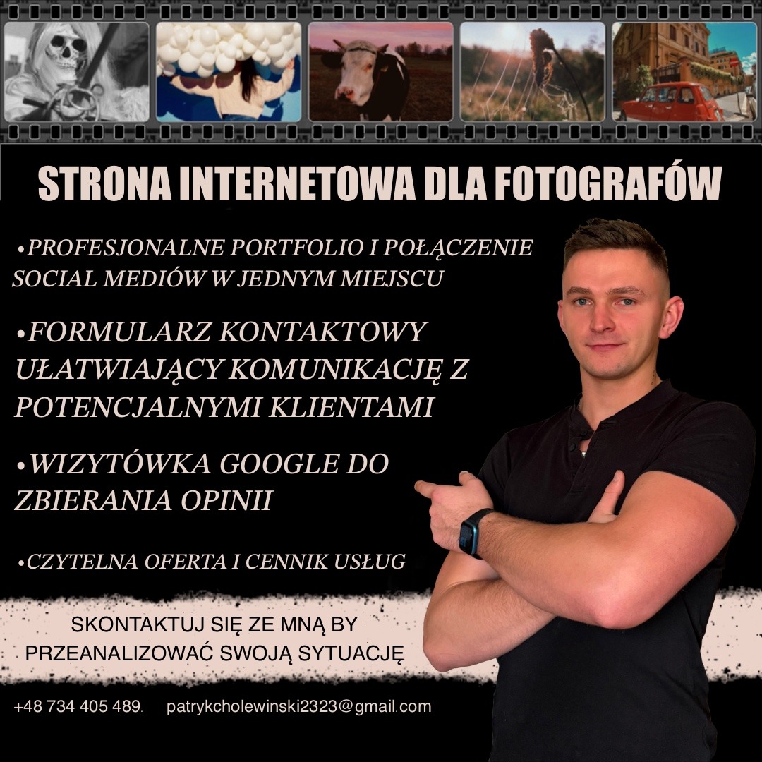 Grafika reklamowa: strona internetowa dla fotografów z portfolio, formularzem kontaktowym, wizytówką Google, ofertą i cennikiem. Mężczyzna wskazuje na tekst.