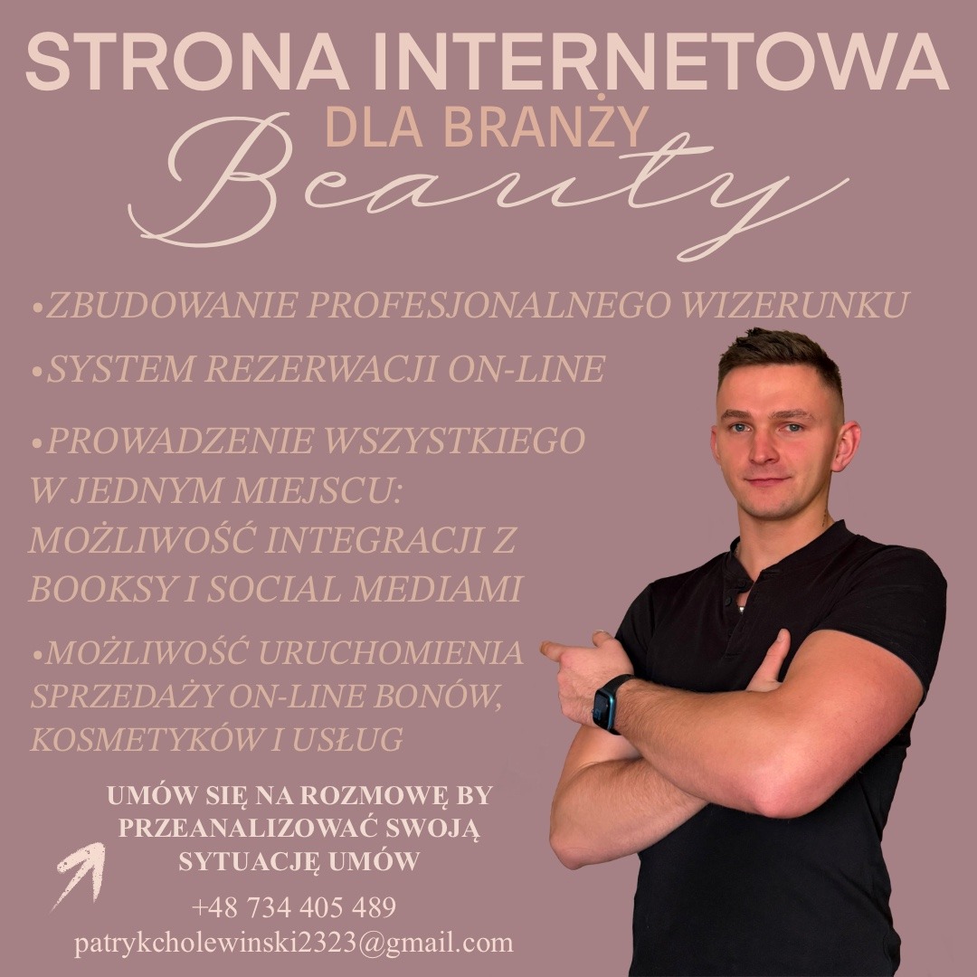Strona internetowa dla branży beauty: integracja z Booksy, sprzedaż online bonów. Mężczyzna wskazuje na korzyści, zachęcając do analizy sytuacji i umów.