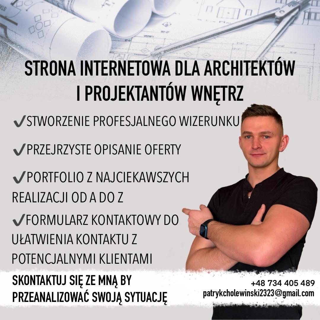 Oferta strony www dla architektów i projektantów wnętrz: portfolio realizacji, formularz kontaktowy. Mężczyzna wskazuje na listę korzyści. Rzuty architektoniczne w tle.