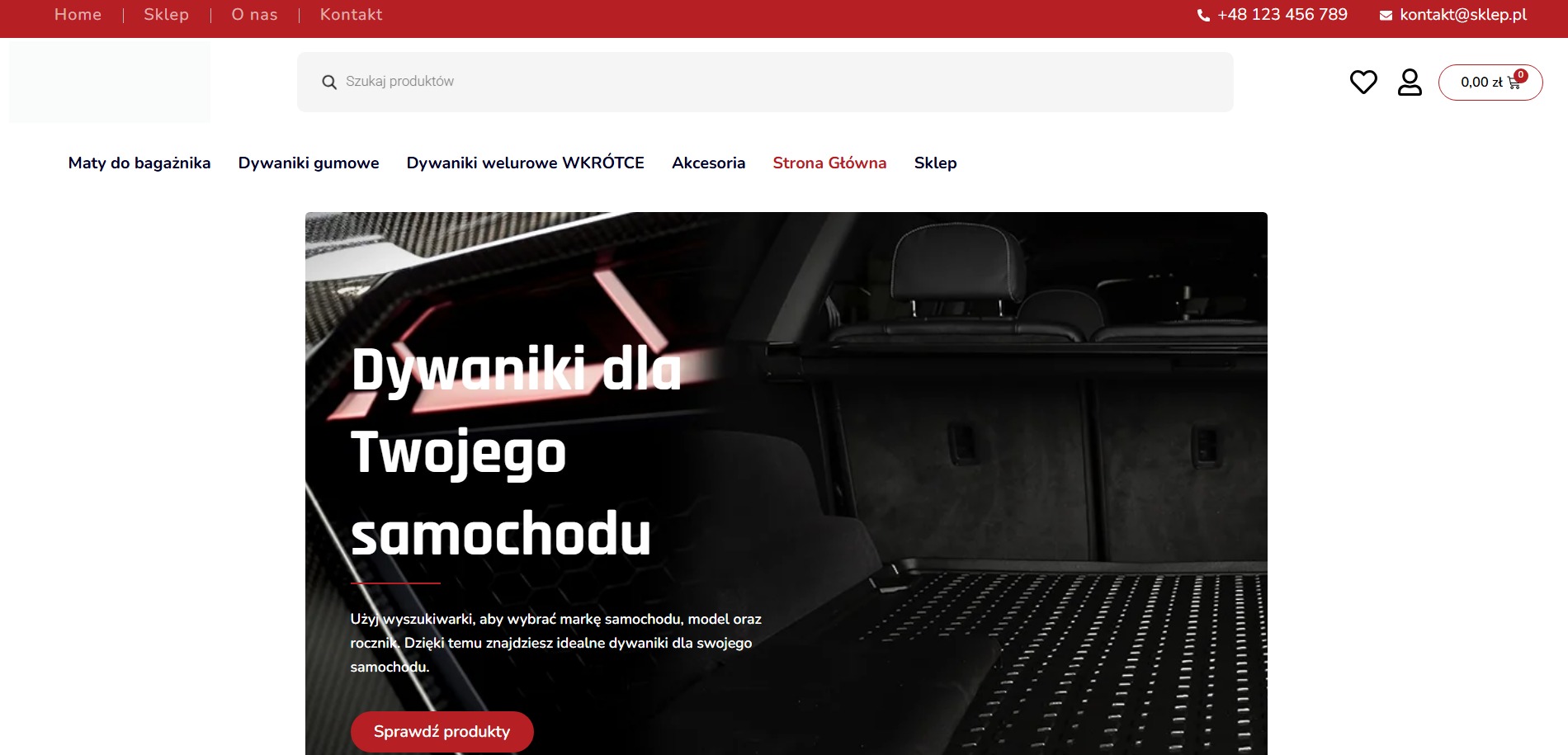 Strona sklepu internetowego z ofertą dywaników samochodowych. Widoczne menu, wyszukiwarka produktów i tekst 'Dywaniki dla Twojego samochodu'.