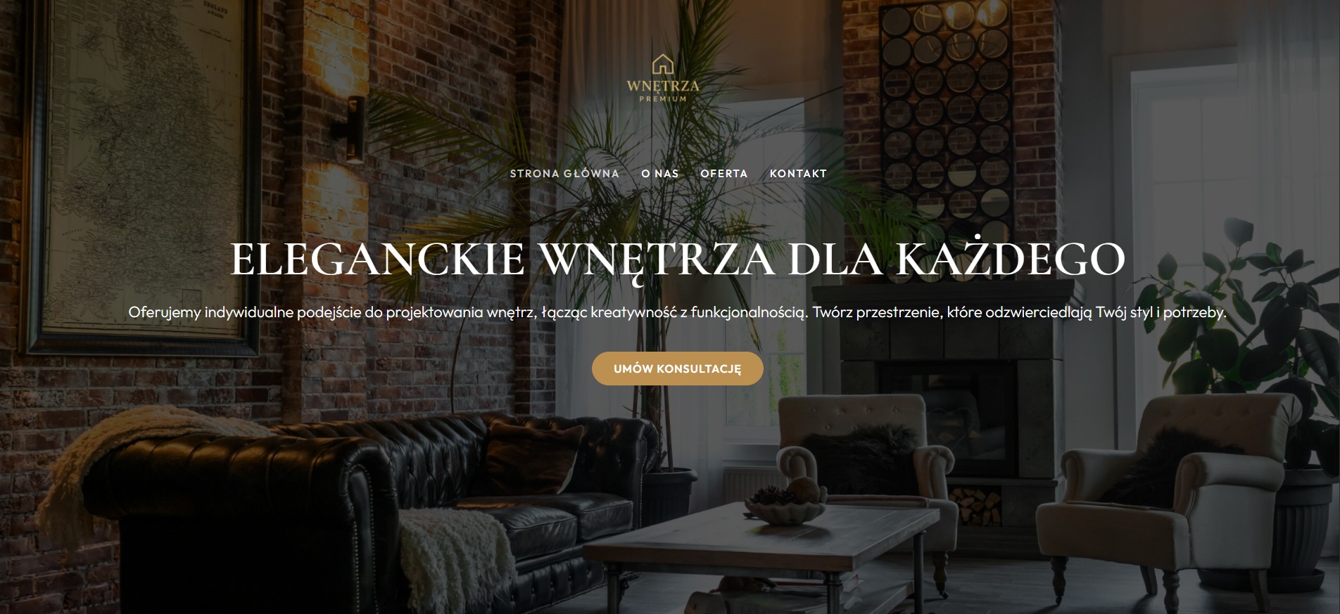 Strona internetowa prezentująca eleganckie wnętrza z elementami cegły, skórzanej sofy i roślin. Widoczne menu nawigacyjne i przycisk konsultacji.