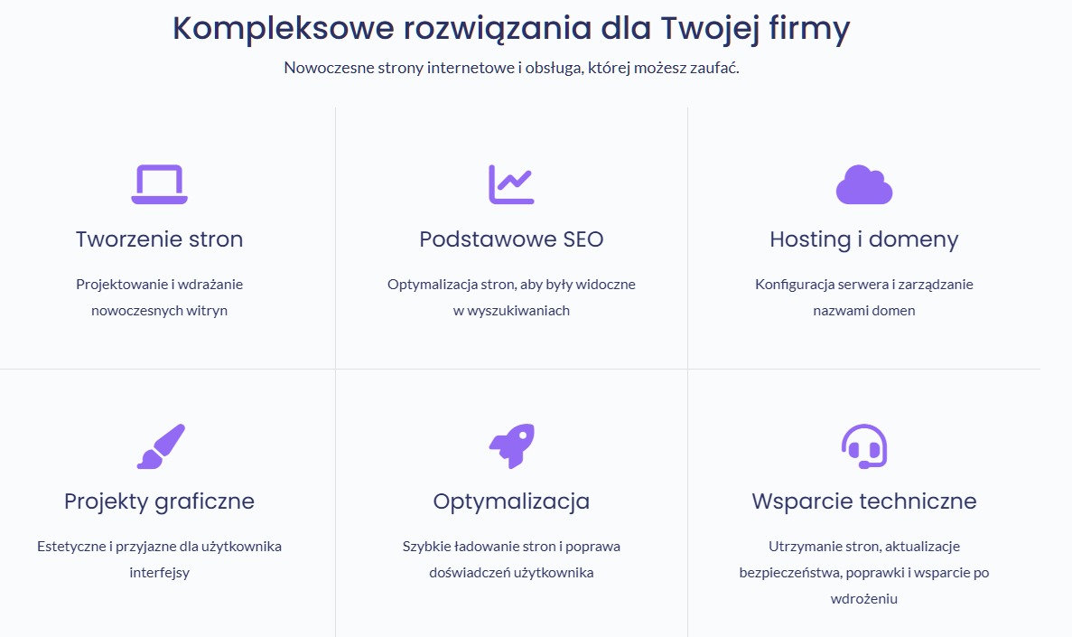 Kompleksowe rozwiązania dla firm: tworzenie stron, SEO, hosting, projekty graficzne, optymalizacja i wsparcie techniczne. Nowoczesne strony internetowe i obsługa.