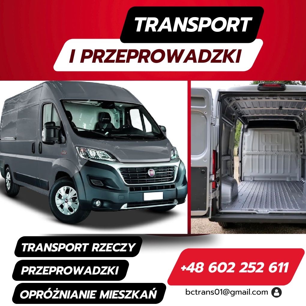 Szary bus transportowy z otwartą przestrzenią ładunkową, na tle czerwono-białego baneru reklamowego z hasłami: transport rzeczy, przeprowadzki, opróżnianie mieszkań.