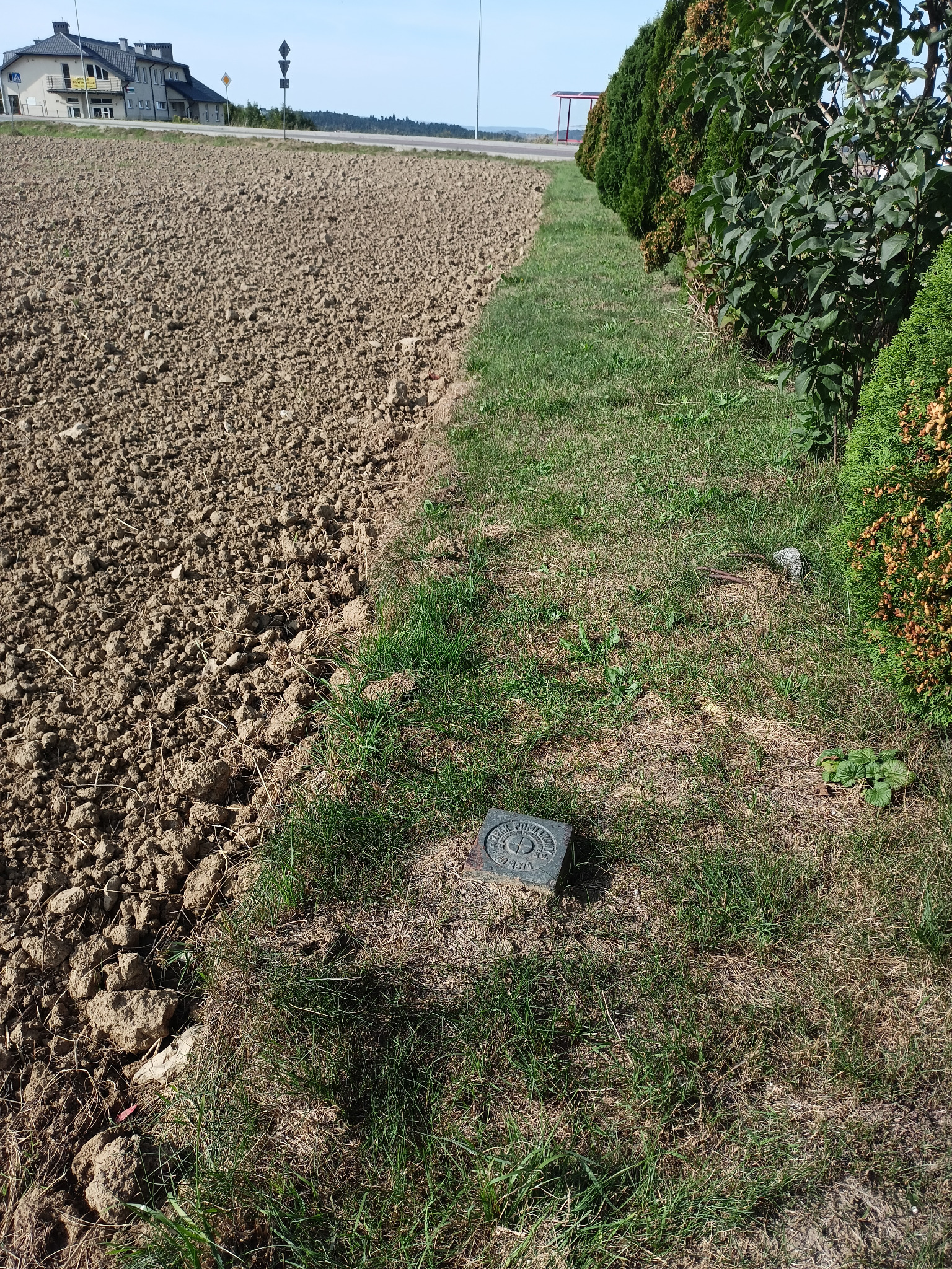 Granica działki rolnej w Gorlicach oznaczona betonowym znakiem geodezyjnym, widoczna linia podziału pola i trawy, w tle zabudowania i droga.