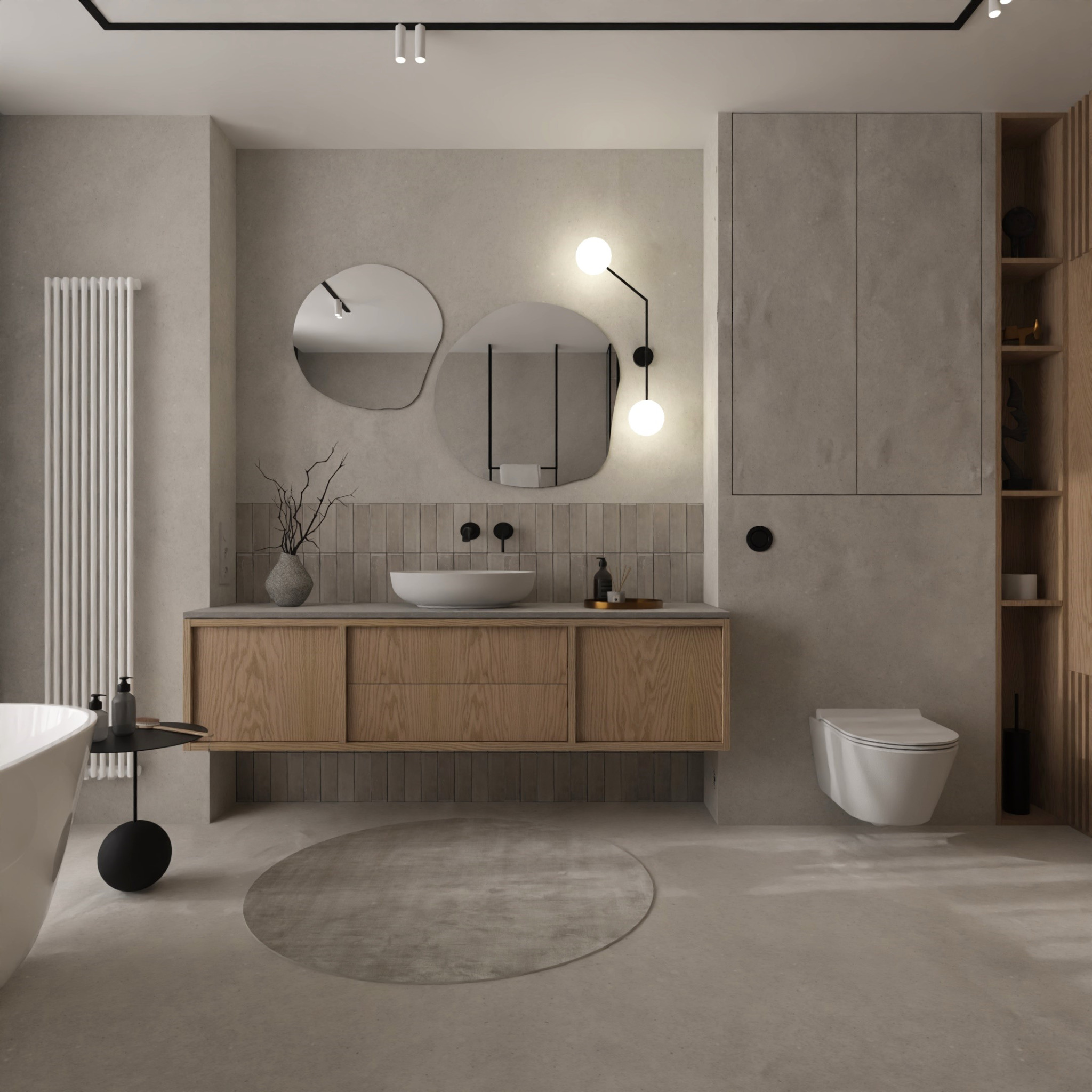 Neutralna łazienka z drewnianą szafką pod umywalką, okrągłymi lustrami i minimalistycznym oświetleniem. W tle widoczna wanna i toaleta.