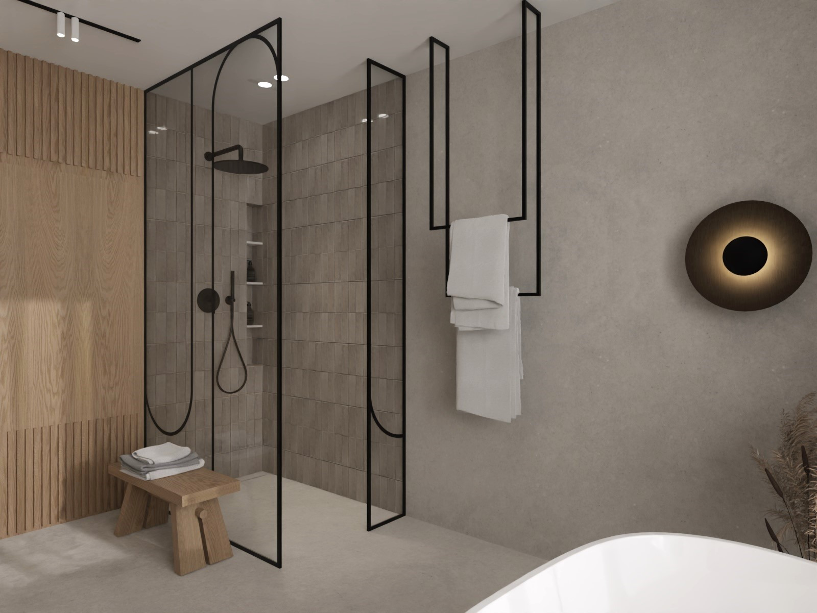 Minimalistyczna łazienka z kabiną prysznicową typu walk-in, drewnianym panelem i geometrycznym wieszakiem na ręczniki. Ciepłe oświetlenie podkreśla naturalne materiały.