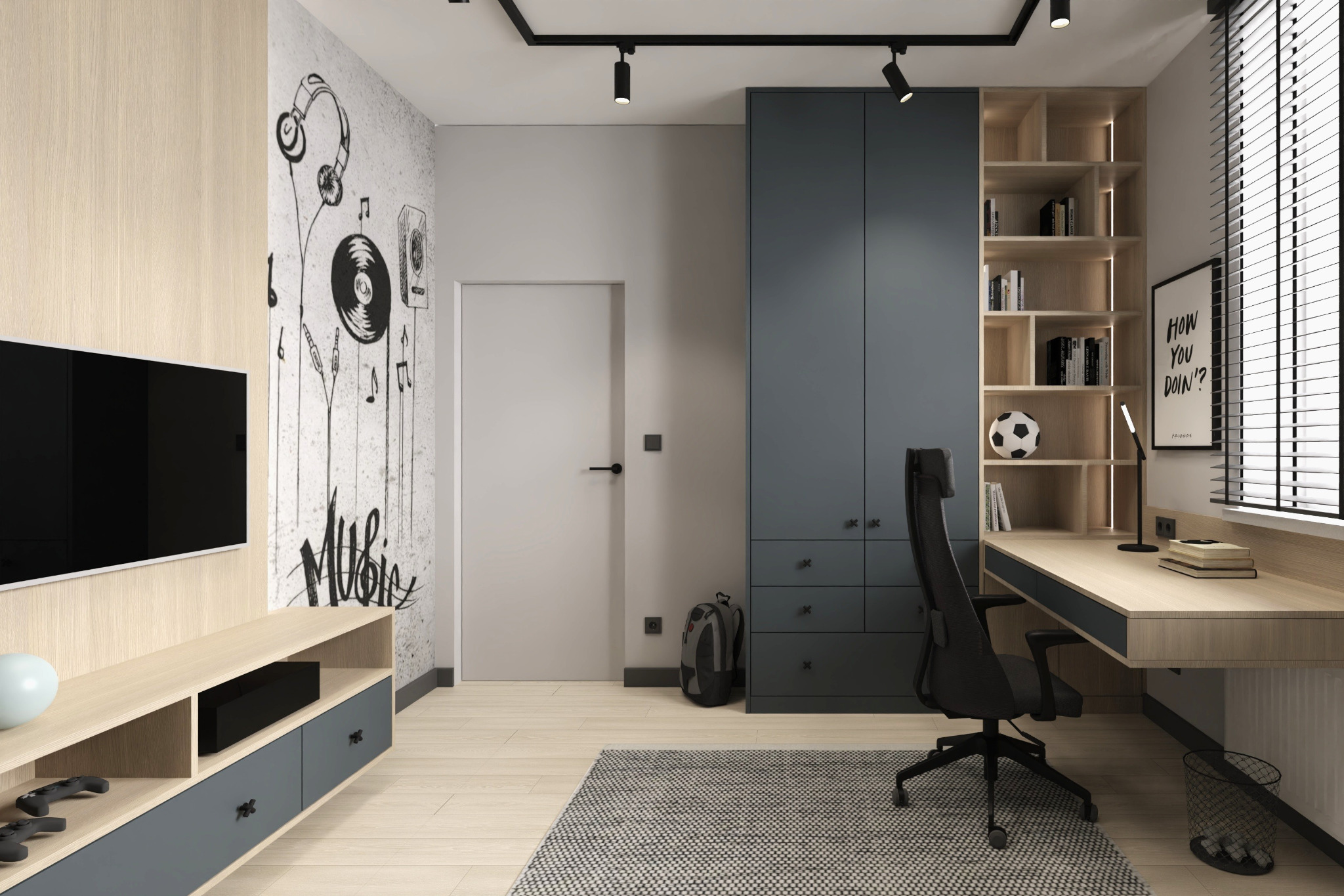 Nowoczesny pokój młodzieżowy z biurkiem, regałem i szafą w odcieniach szarości i drewna. Na ścianie dekoracja z motywem muzycznym.