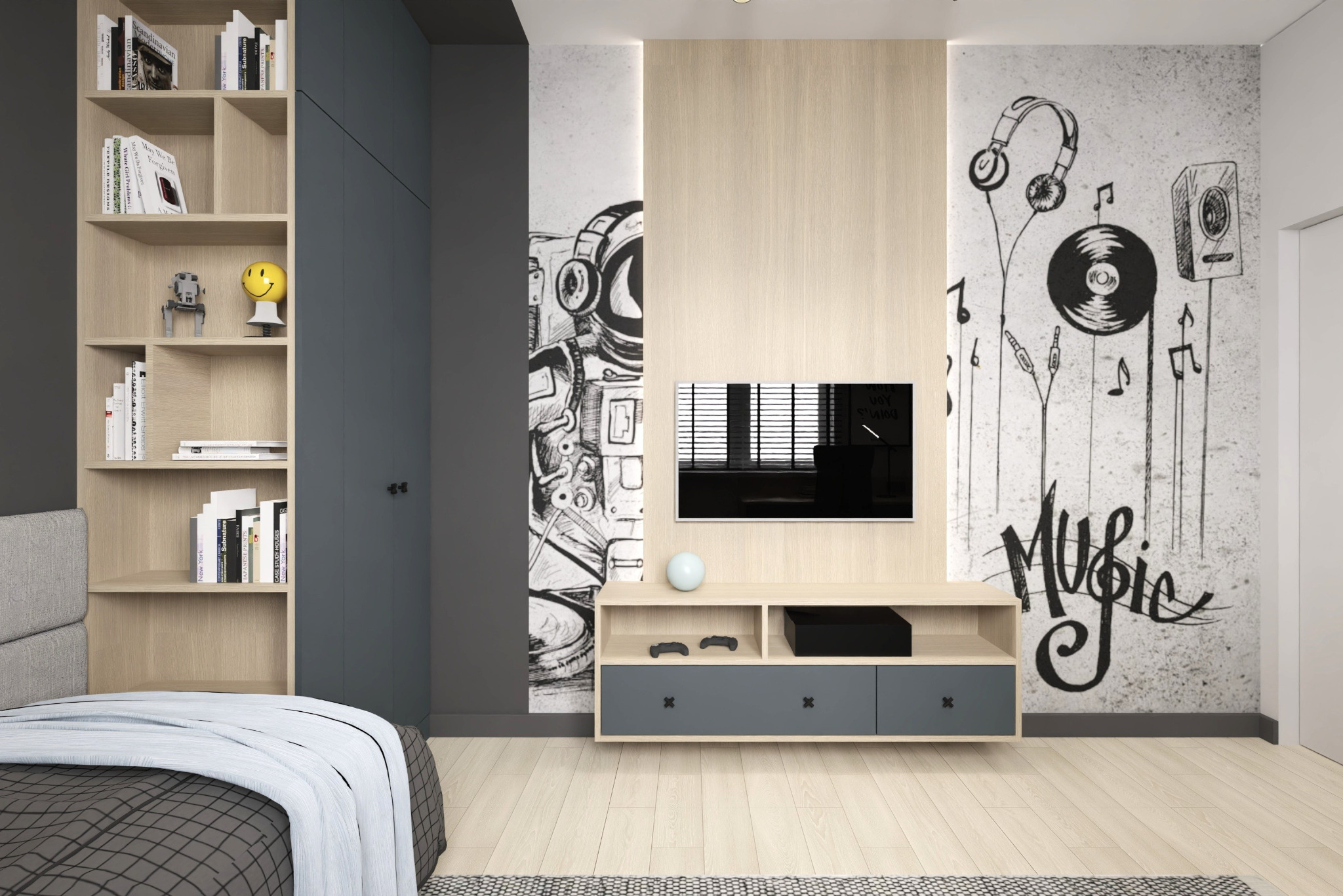 Pokój młodzieżowy z grafitową ścianą, regałem i szafą. Na ścianie dekoracja z motywem muzycznym i kosmicznym. Pod telewizorem szafka RTV z szufladami.