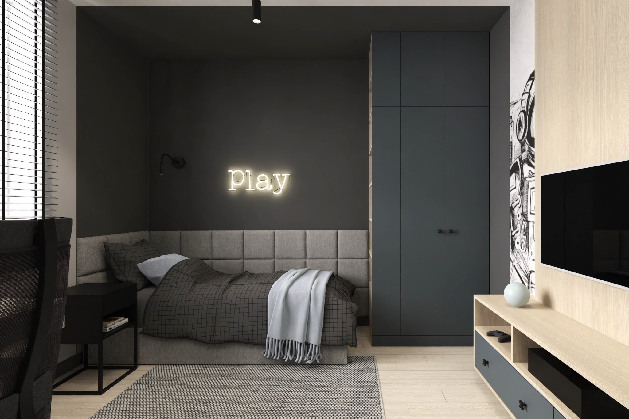 Nowoczesna sypialnia z szarą tapicerowaną ścianą, neonem 'PLAY', ciemnymi szafami i drewnianą szafką RTV, minimalistyczny wystrój.