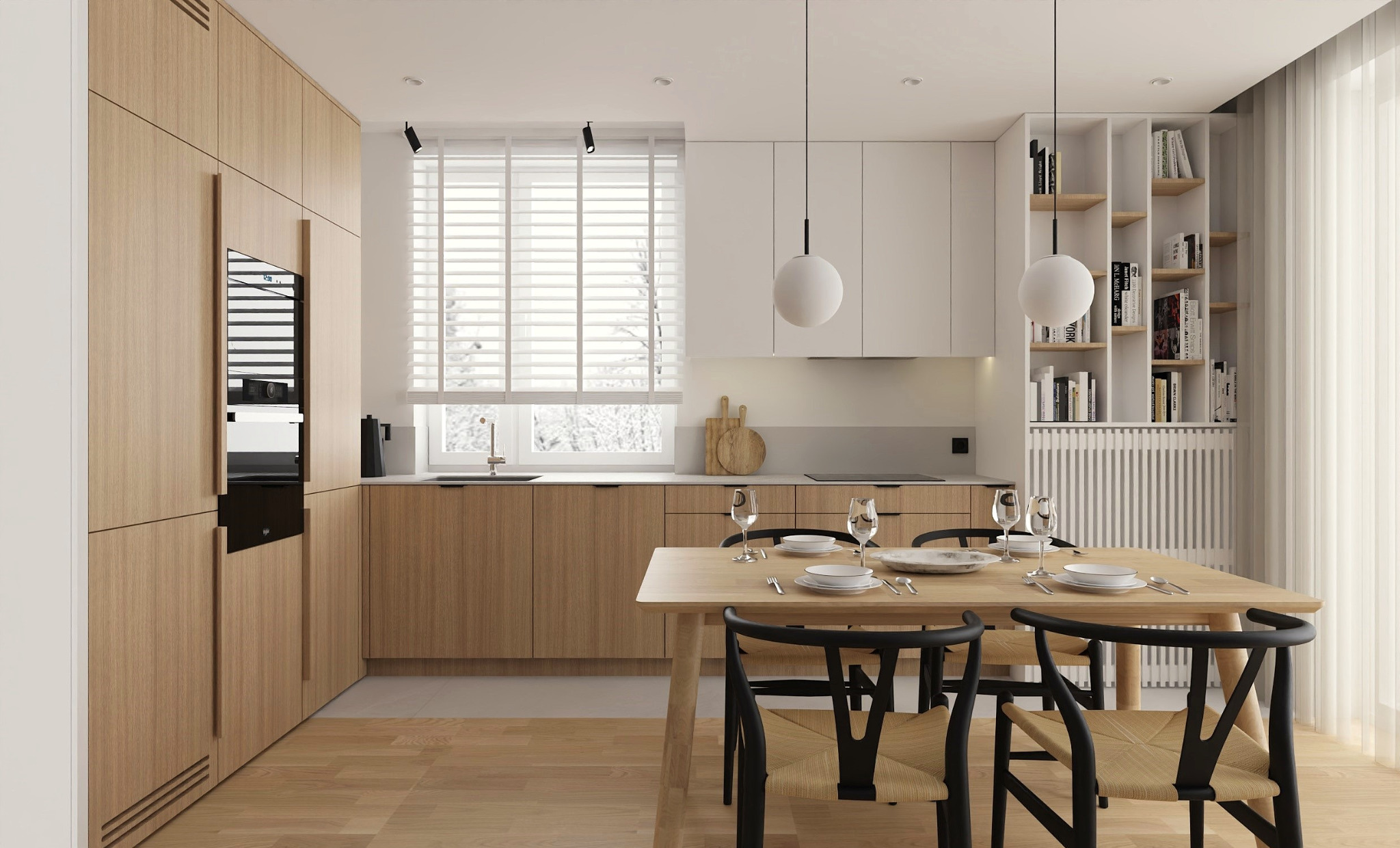 Jasna, nowoczesna kuchnia z drewnianymi szafkami i stołem jadalnym. Minimalistyczne lampy wiszące i półka z książkami dodają wnętrzu przytulności.